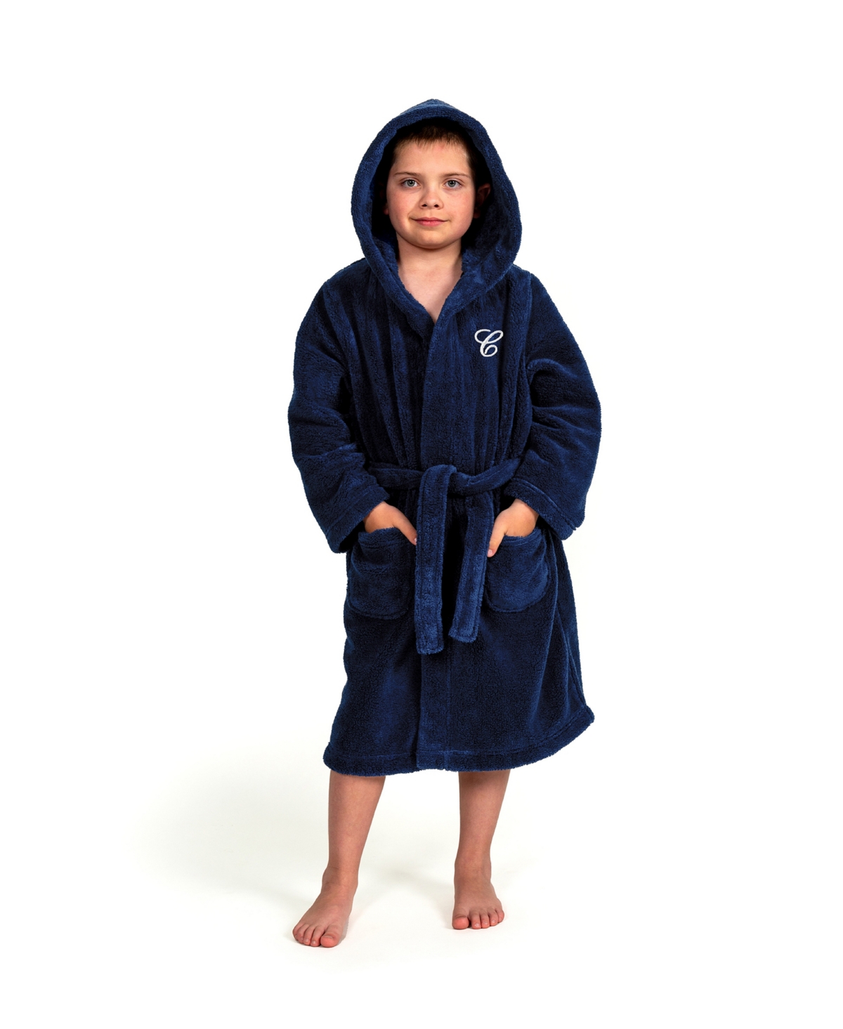 Linum Home Personalized Kids Super Plush Hooded Bathrobe In C Navy,white