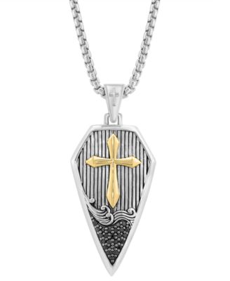 EFFY Collection - Men's Black Zircon (1/8 ct. t.w.) Cross Shield 22" Pendant Necklace in Sterling Silver & 18k Yellow Gold Over Sterling Silver