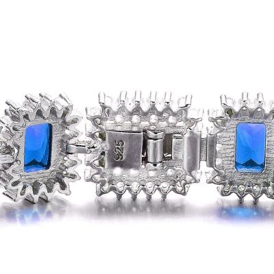 Sterling Silver with Blue &  Cubic Zirconia Rectangular Halo Cluster Link Vintage Tennis Bracelet