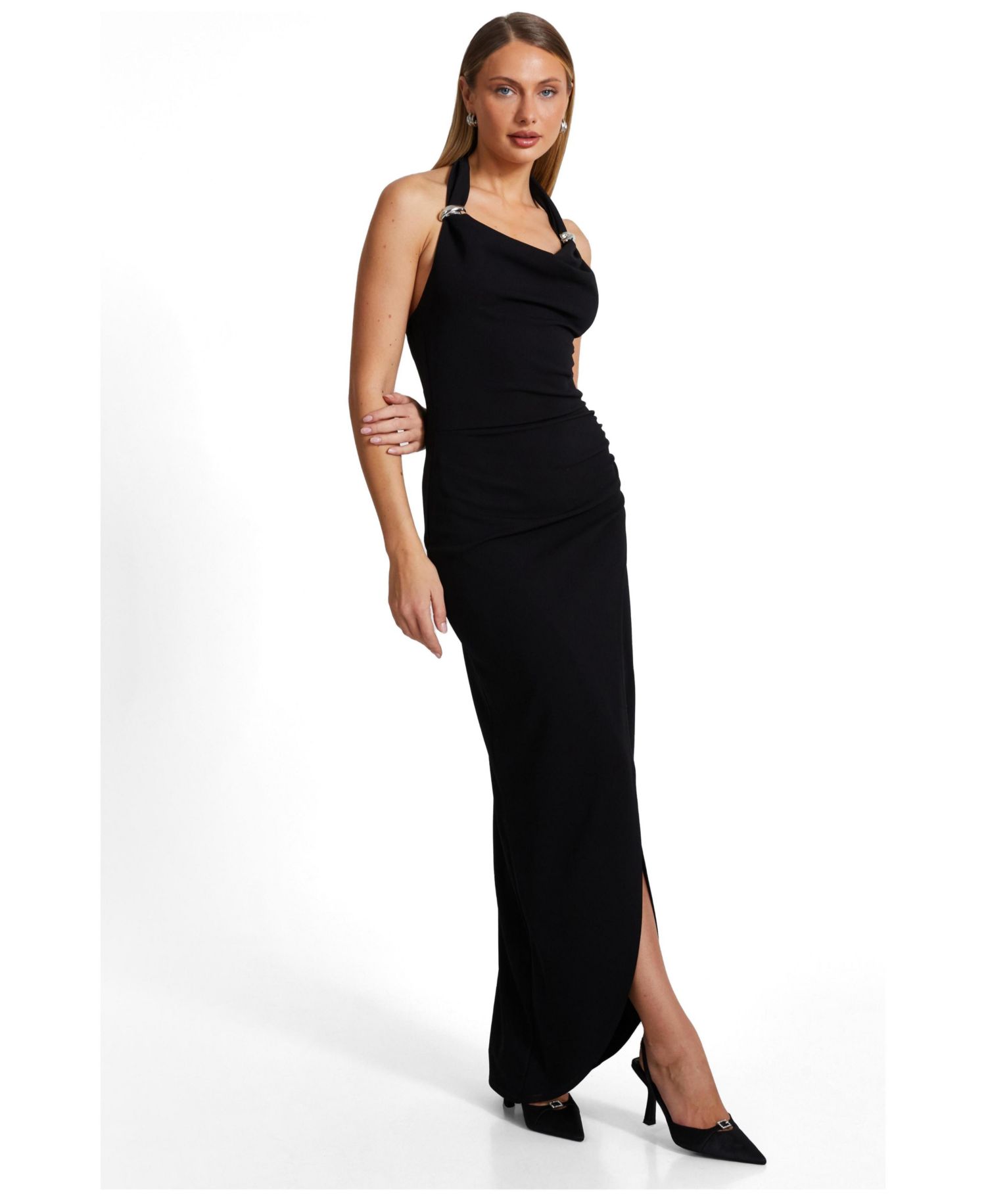 Women's Scuba Crepe Halter Neck Buckle Maxi Dress
