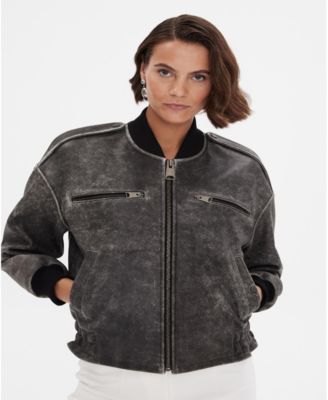 Women's Leather Bomber Jacket, Black