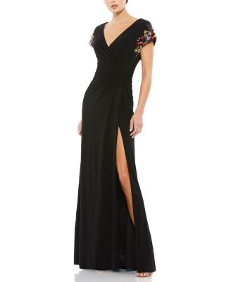 Women's Embellished Sleeve Jersey Wrap Gown