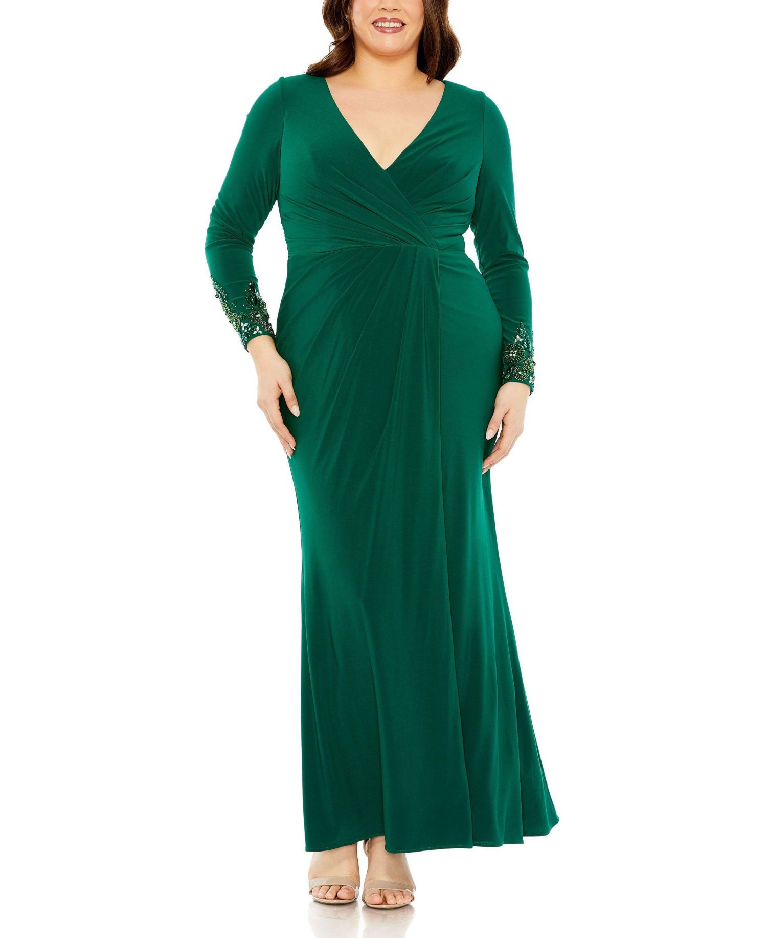 Women's Long Crystal Detail Sleeve V Neck Gown