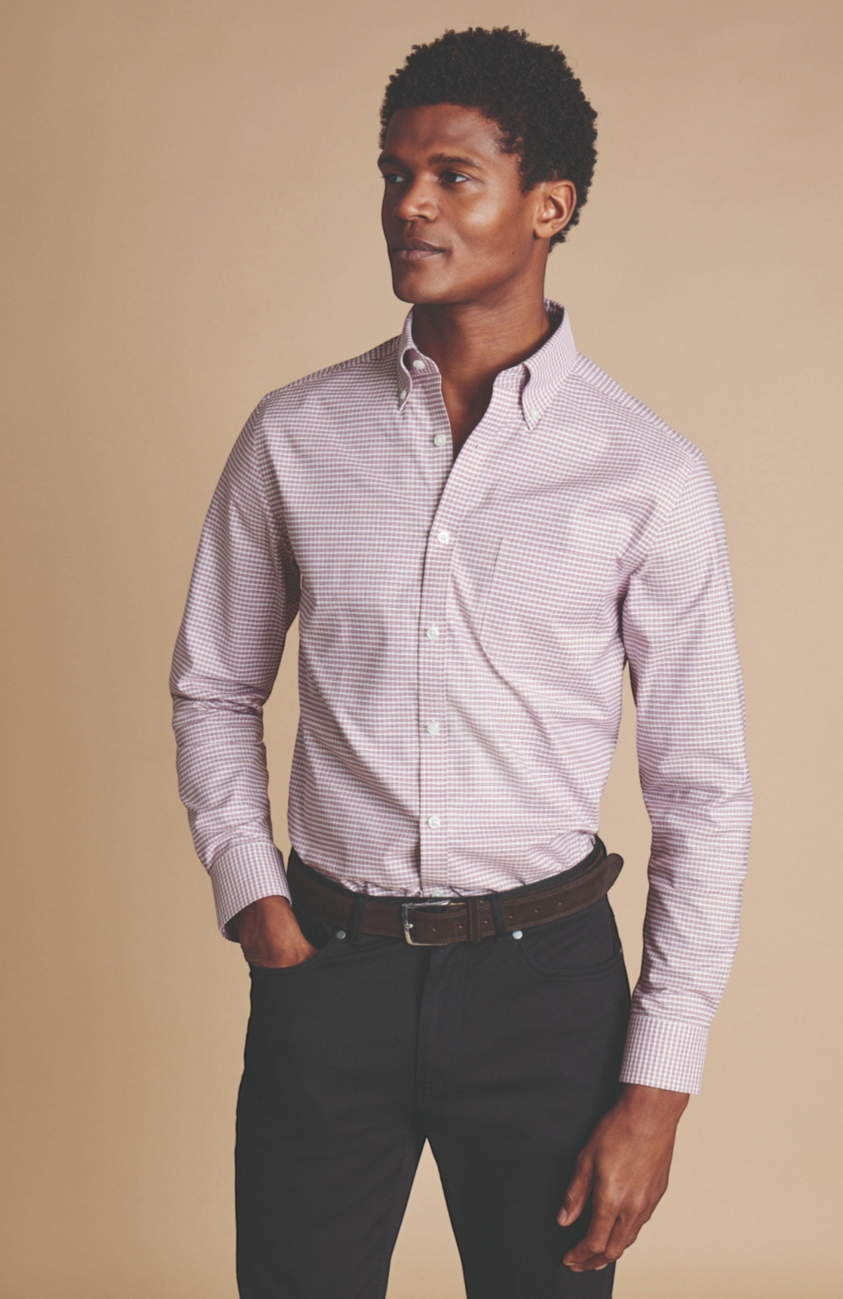 Men's Slim Fit Button-Down Collar Non-Iron Stretch Check Oxford Shirt - Claret pink