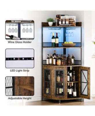Tall Corner Bar Cabinet with Power Outlet and LED, Wine Cabiner for Liquor, Industrial Corner Cabinet with Wine Storage, 5-Tiers Liquor Cabinet Bar with Glass Holder for Home, Living Room, Kitchen