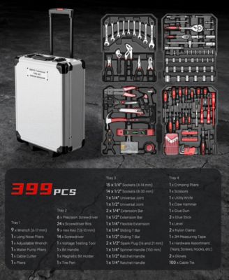 399-Piece Rolling Tool Set with Wheels, Aluminum Case and 4 Drawers, Metric Home and Auto Repair Tool Kit