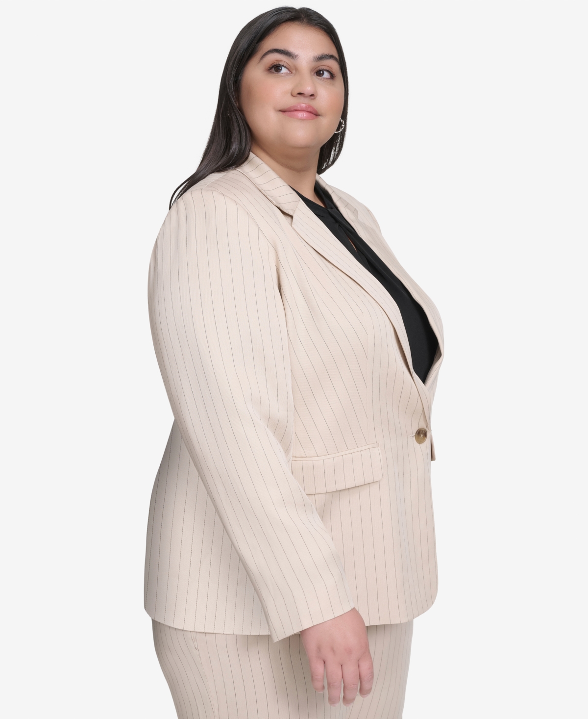 Dkny Plus Size Pinstriped One-button Blazer In Chino Khaki,black