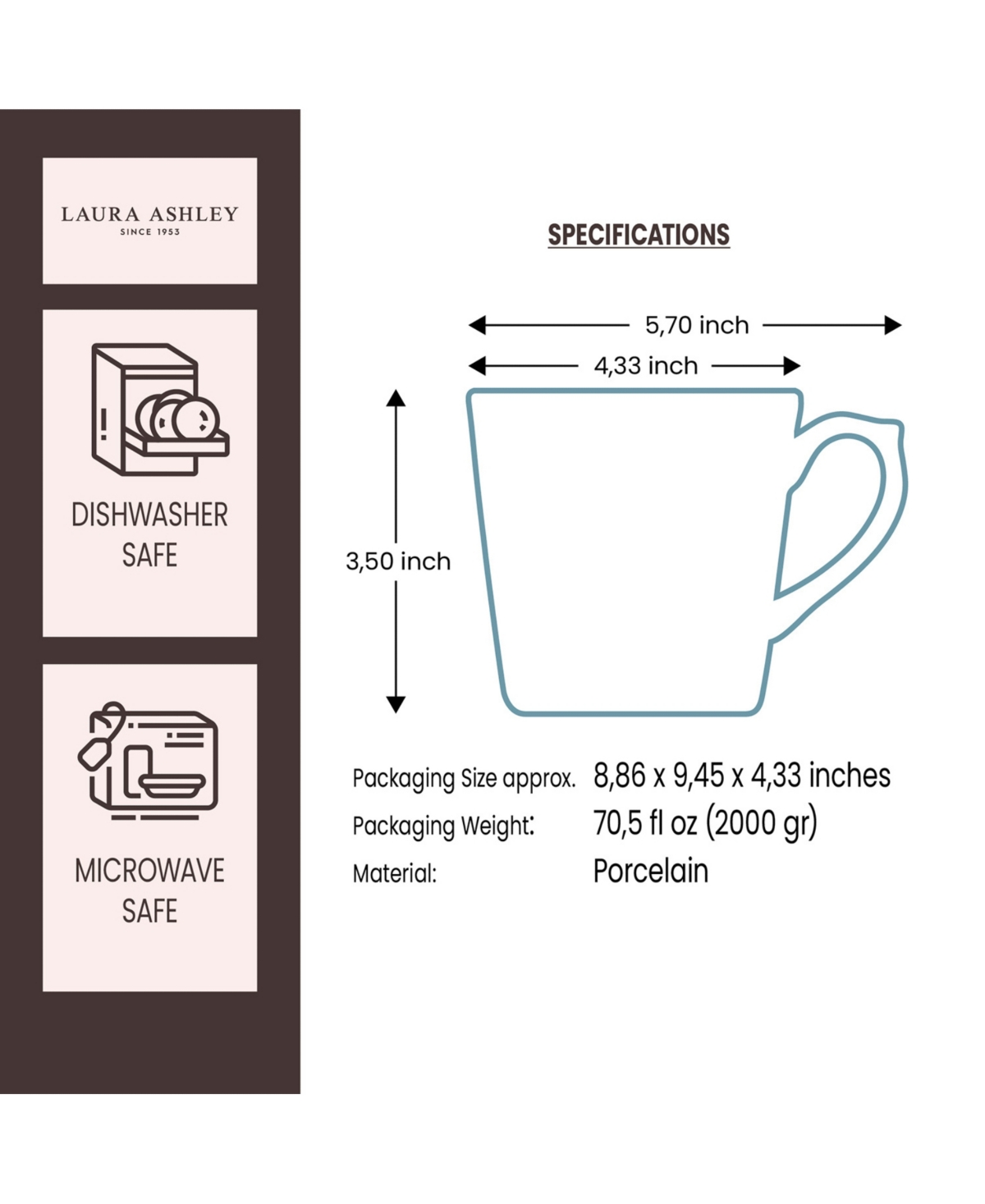 Closeout! Laura Ashley Blueprint Collectables 9 Oz Floris Mugs in Gift Box, Set of 4 - White with Blue