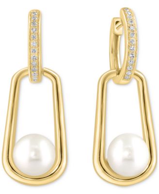 EFFY Collection - Cultured Freshwater Pearl (7mm) & Diamond (1/8 ct. t.w.) Polished Oval Drop Earrings in 14k Gold