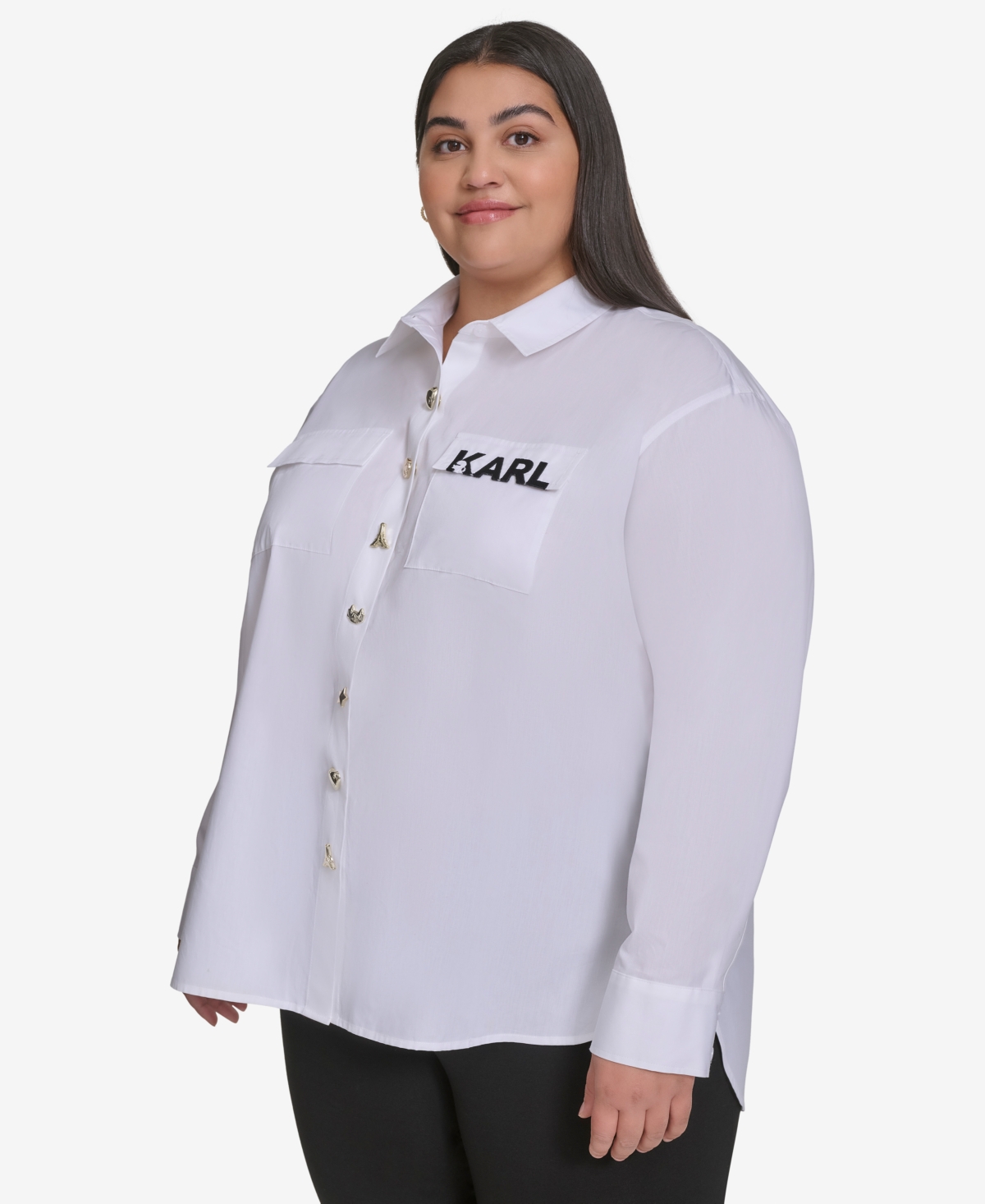 KARL LAGERFELD PLUS SIZE COTTON POPLIN MOTIF BUTTON-UP SHIRT, EXCLUSIVELY AT MACY'S 