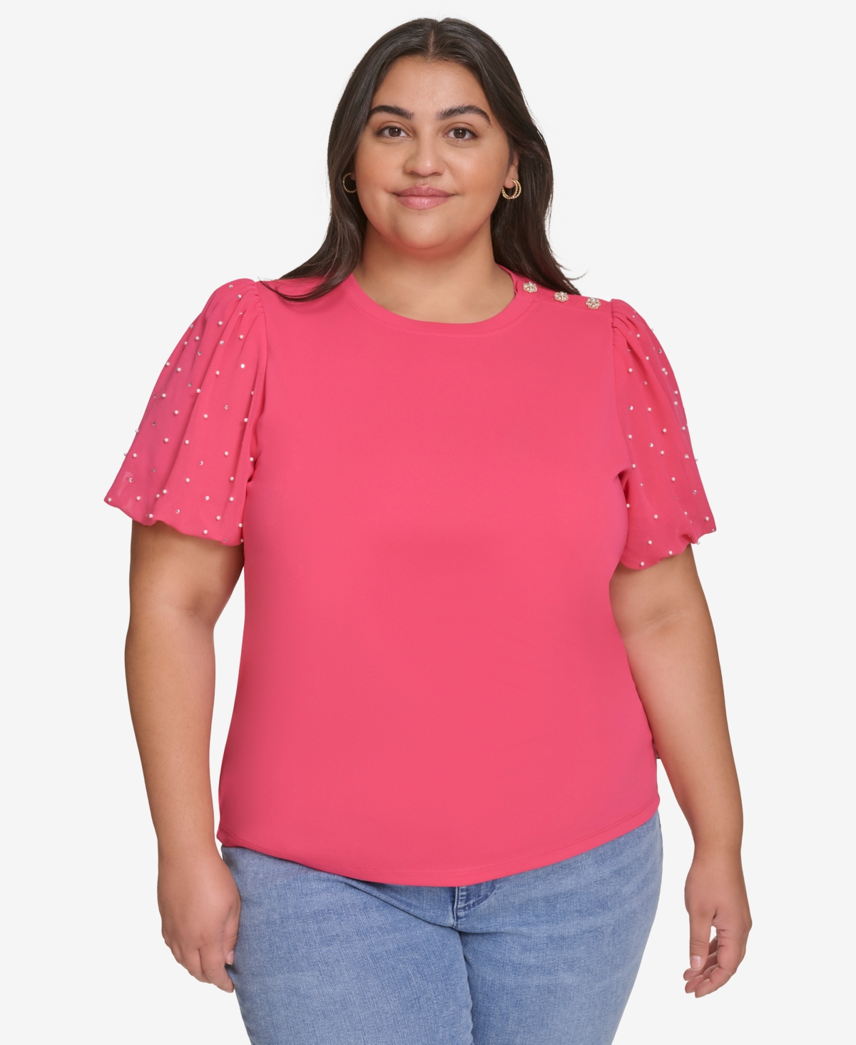 KARL LAGERFELD PLUS SIZE EMBELLISHED PUFF-SLEEVE T-SHIRT, EXCLUSIVELY AT MACY'S 