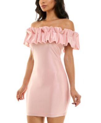 Juniors' Ruffled-Off-The-Shoulder Bodycon Shimmer Dress