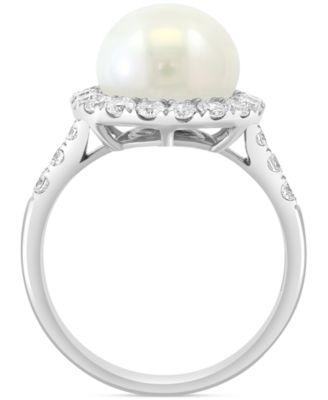 EFFY&reg; Cultured Freshwater Pearl (10mm) & Diamond (5/8 ct. t.w.) Halo Ring in 14k White Gold