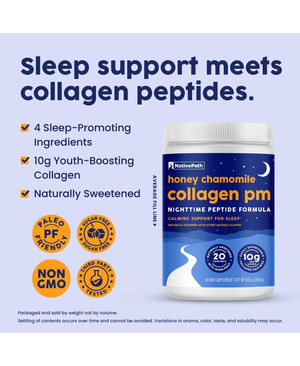 NativePath Collagen Pm - Honey Chamomile Nighttime Collagen Peptides Powder with Magnesium, Gaba, L-Theanine and Melatonin - Servings