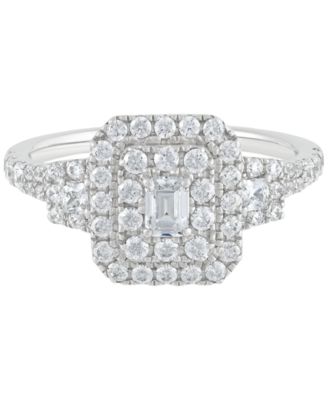 Diamond Emerald Double Halo Cluster Engagement Ring (1 ct. t.w.) in 14k White Gold