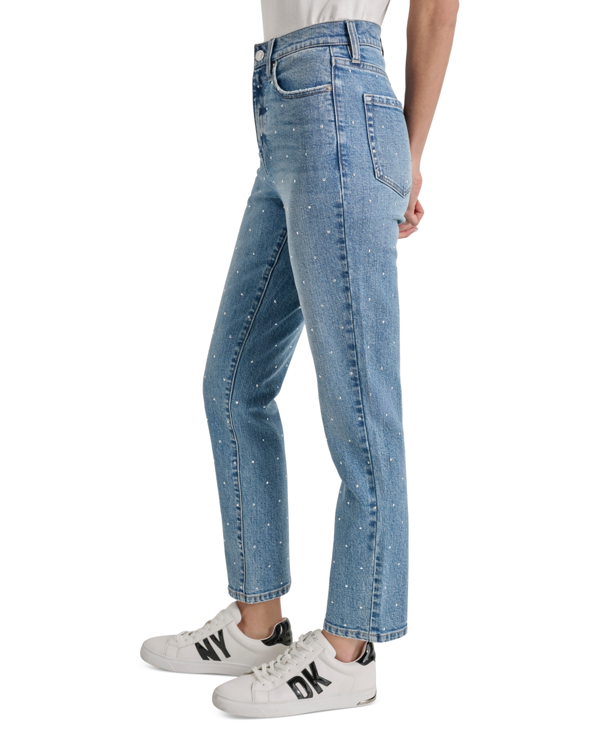 DKNY JEANS WOMEN'S HIGH-RISE SLIM STRAIGHT SCATTERED RHINE-STUDS JEANS 