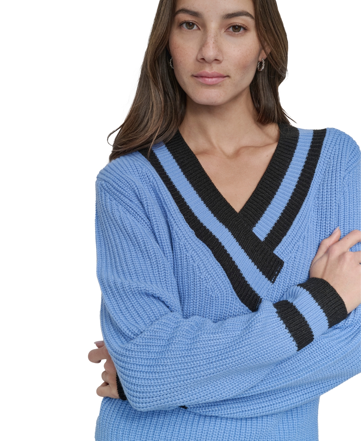 Dkny Jeans Women's Varsity V-Neck Relaxed Sweater - XQL - BL BELL/BK