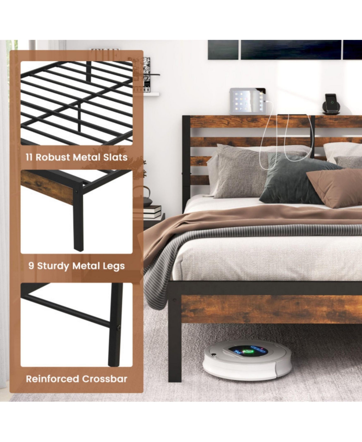 Sugift Queen Size Bed Frame with Charging Station and Storage Headboard