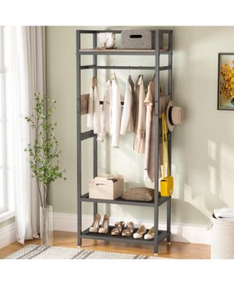 27.55" Industrial Metal + Hall Tree Garment Rack  Shelf  Hanging Rod  Freestanding Closet Organizer for Entryway & Bedroom