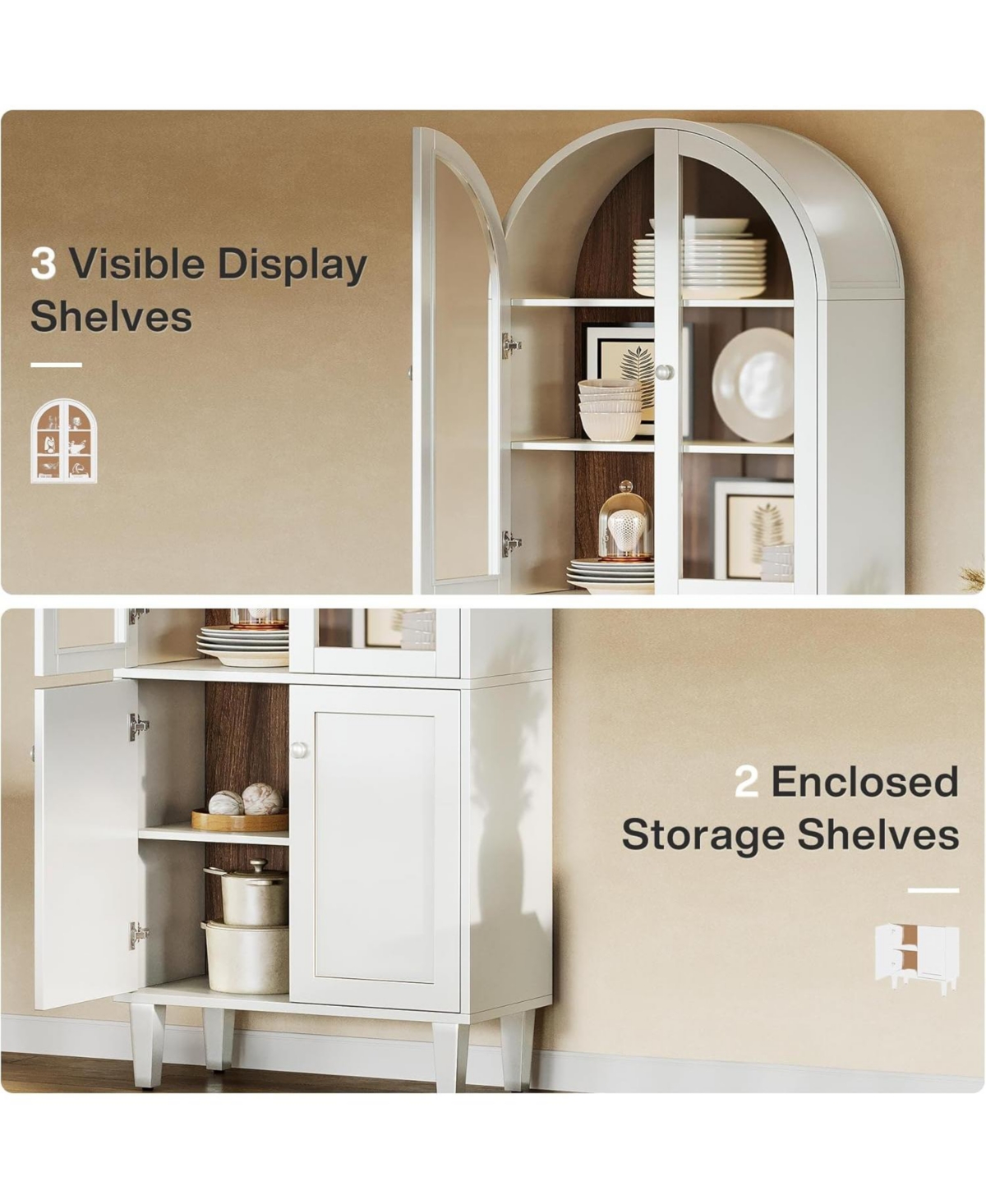 Tribesigns Tall Arched Storage Cabinet Set of 2,Farmhouse 5-Tier Display Bookcase, Kitchen Pantry Hutch Cabinet with Doors and Adjustable S