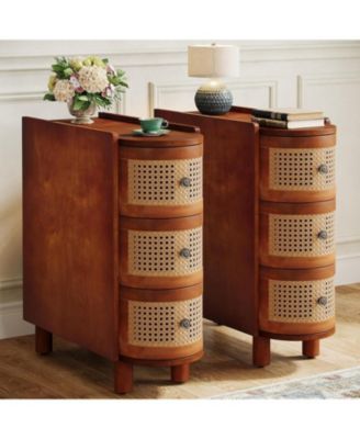 Solid Wood End Table Set of 2, 3-Drawer Rattan Nightstands with Embossed Handles, Fully Assembled for Living Room or Bedroom