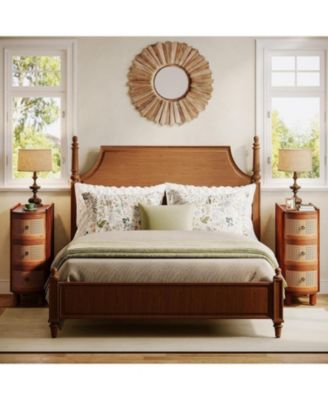 Solid Wood End Table Set of 2, 3-Drawer Rattan Nightstands with Embossed Handles, Fully Assembled for Living Room or Bedroom