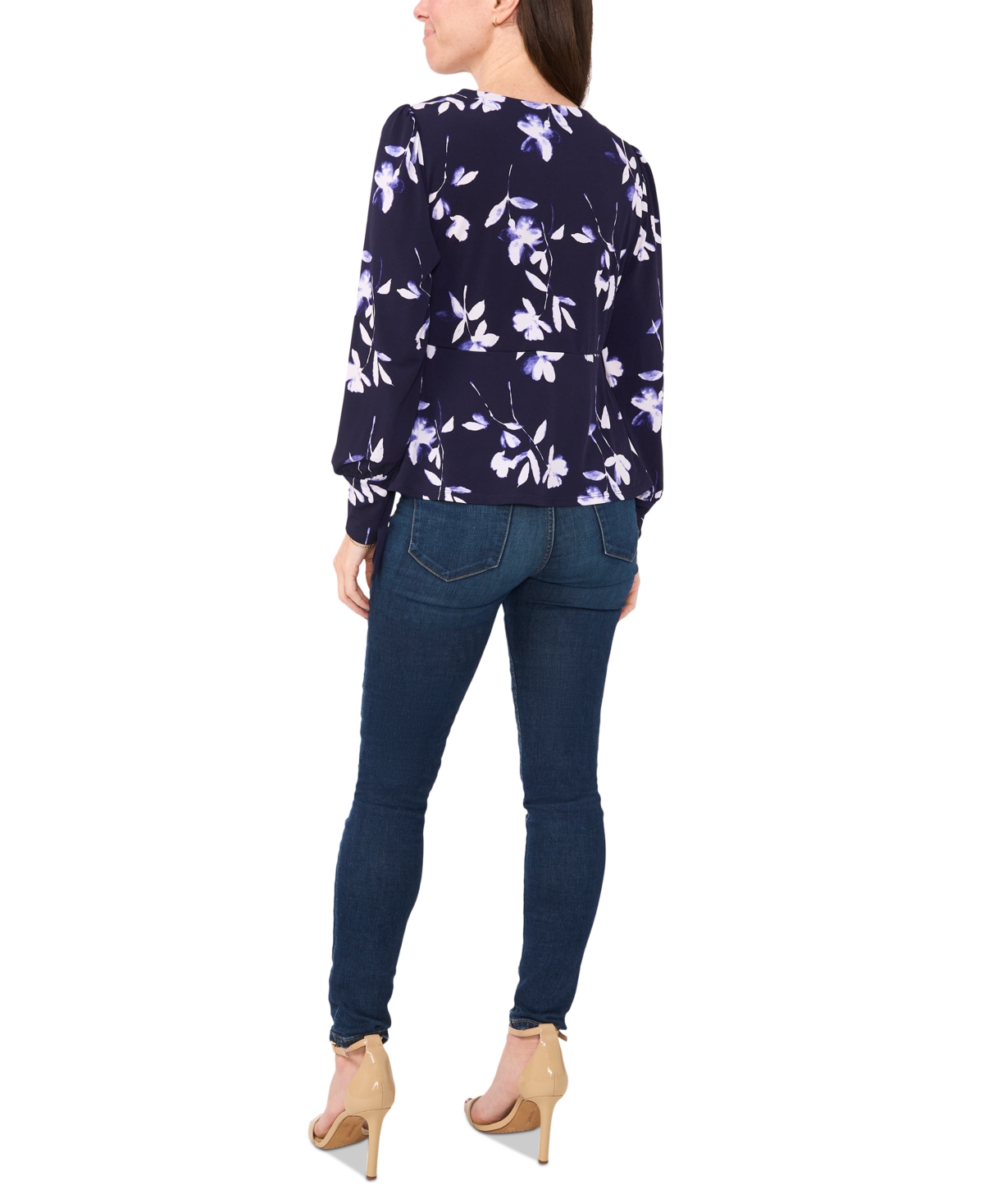 SAM & JESS PETITE PRINTED FAUX-WRAP LONG-SLEEVE TOP 