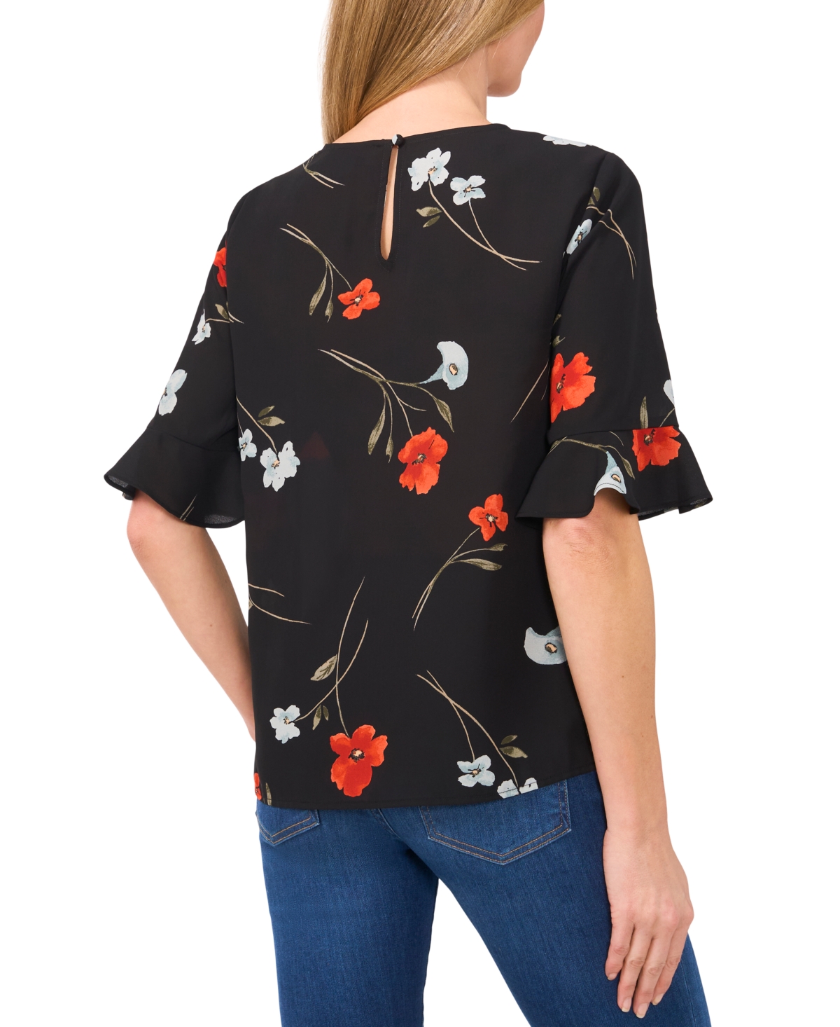 CeCe Women's Ruffled-Sleeve Floral Crewneck Top