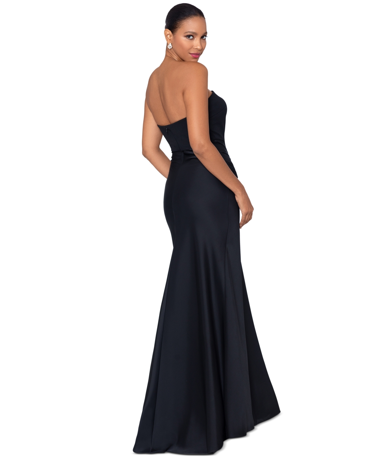 Shop Betsy & Adam Petite Strapless Drape-front Satin Gown In Black