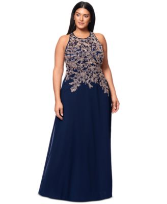 Betsy & Adam - Plus Size Scoop-Neck Sequin Embroidered Gown