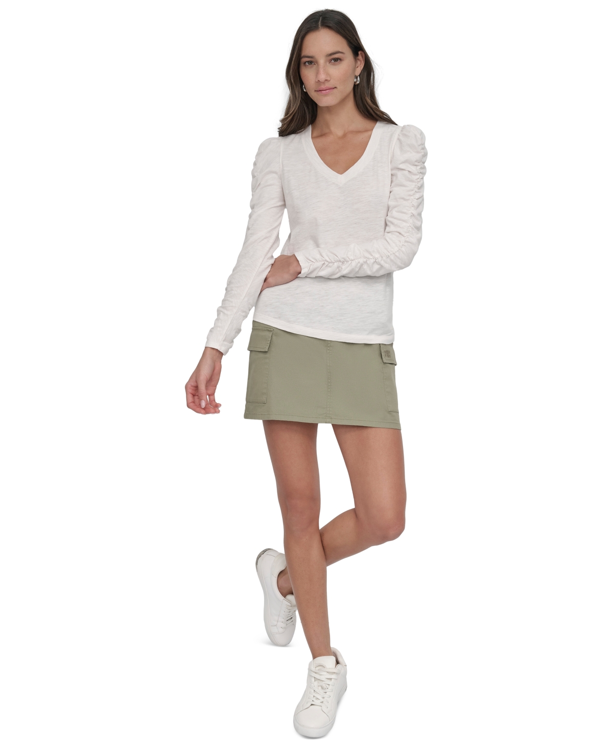 Dkny Jeans Women's Cotton V-Neck Ruched-Sleeve Top - EN2 - EGG NOG