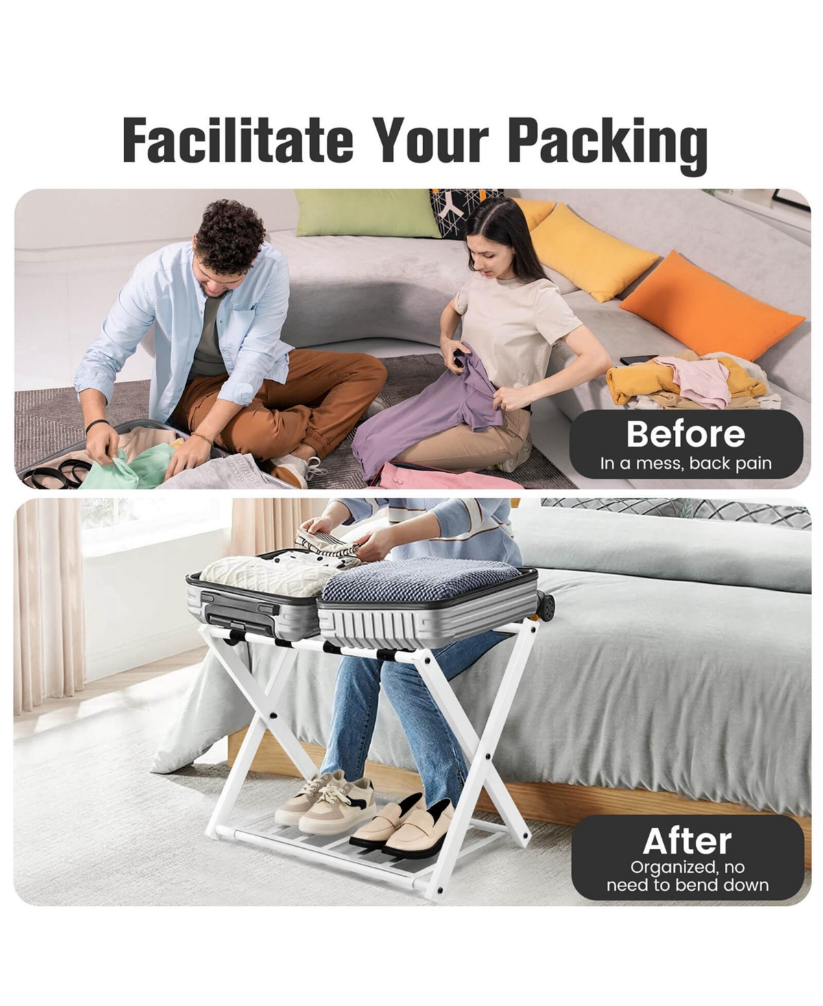 Costway Set of 4 Folding Metal Luggage Rack Suitcase Shoe Holder Hotel Guestroom withShelf