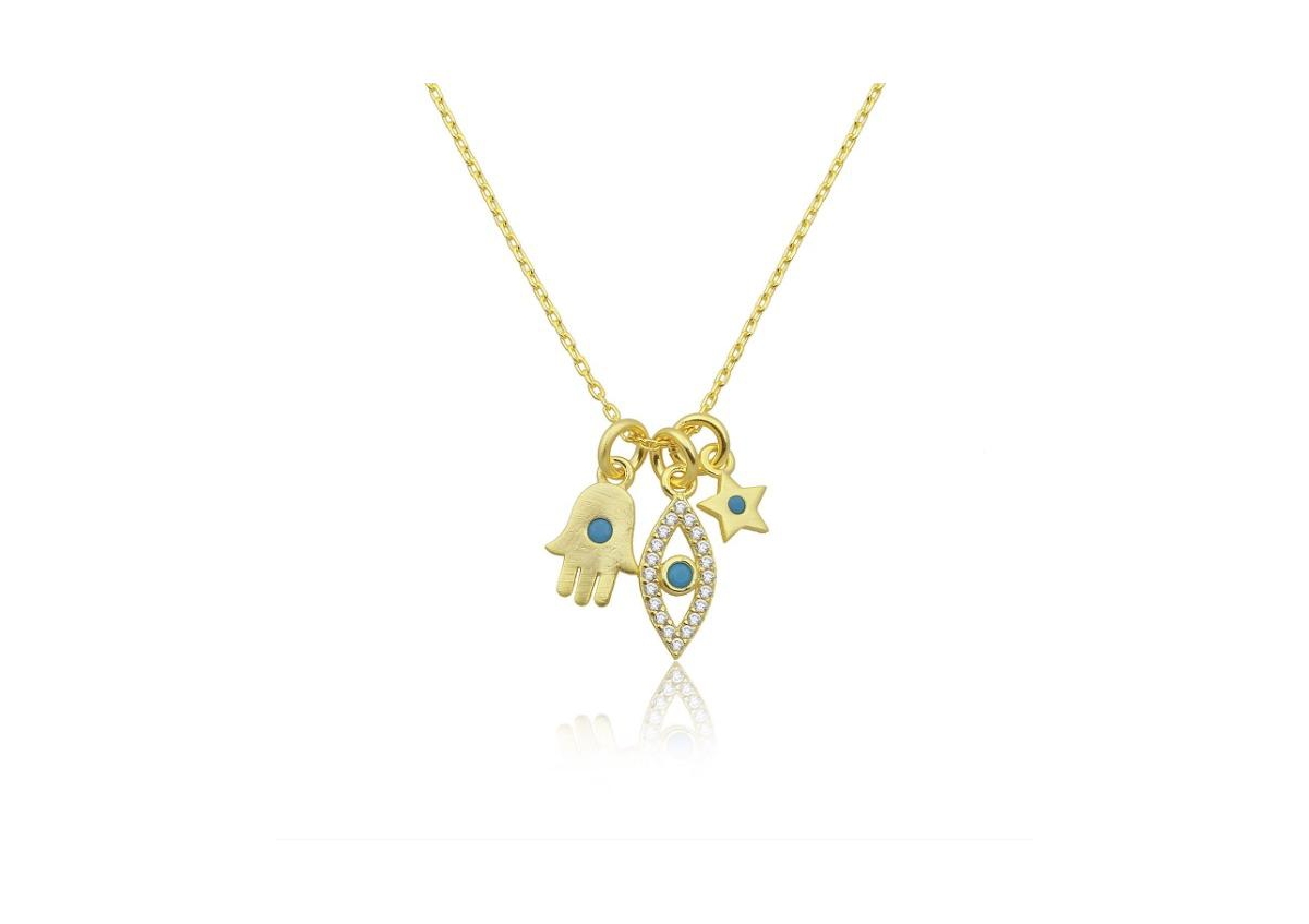 Evil Eye Hamsa and Star Charm Necklace with Turquoise Center 18 inches adjustable - Gold