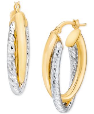 Polished & Diamond Cut Double-Row Oval Bypass Hoop Earrings in 14k Yellow & White Gold