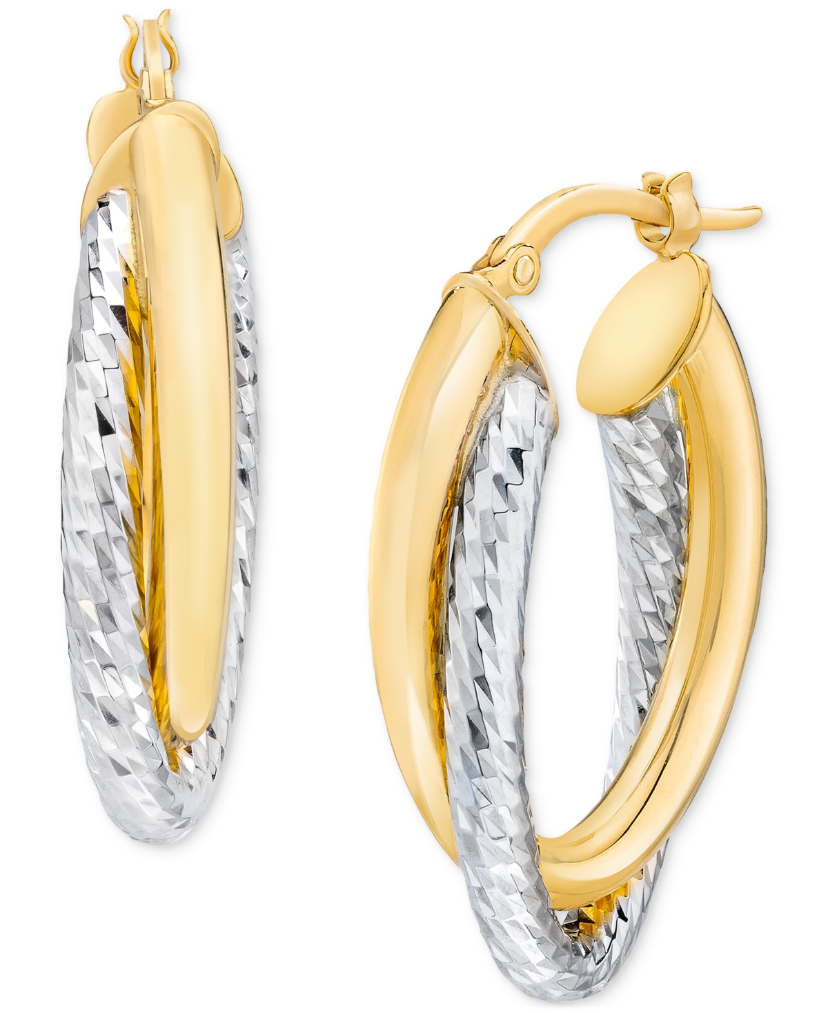 Macy's Polished & Diamond Cut Double-row Oval Bypass Hoop Earrings In 14k Yellow & White Gold In Two-tone