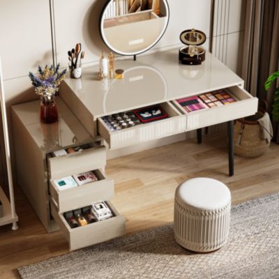 modern, reversible, wood desk with 5 drawers, printer stand, storage — ideal for home office, bedroom, or living room setup.