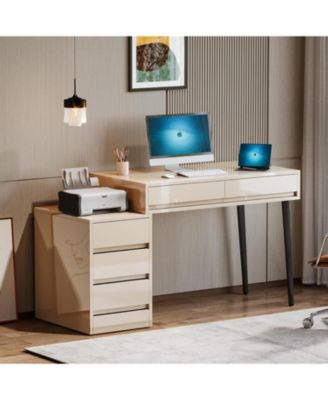 modern, reversible, wood desk with 5 drawers, printer stand, storage — ideal for home office, bedroom, or living room setup.