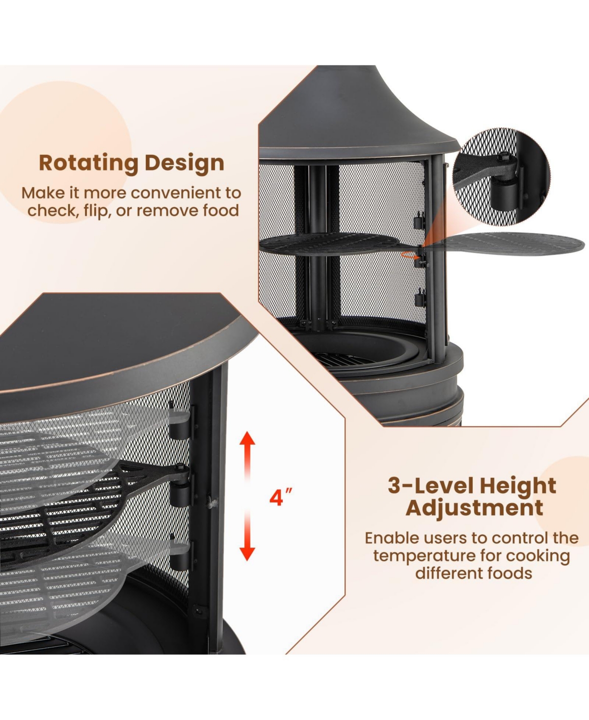 Sugift 30 Inch Outdoor Fire Pit Chiminea with Grill for Garden Bbq