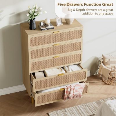 5 Drawer Dresser for Bedroom, Rattan Chest of Drawers with Deep Drawers