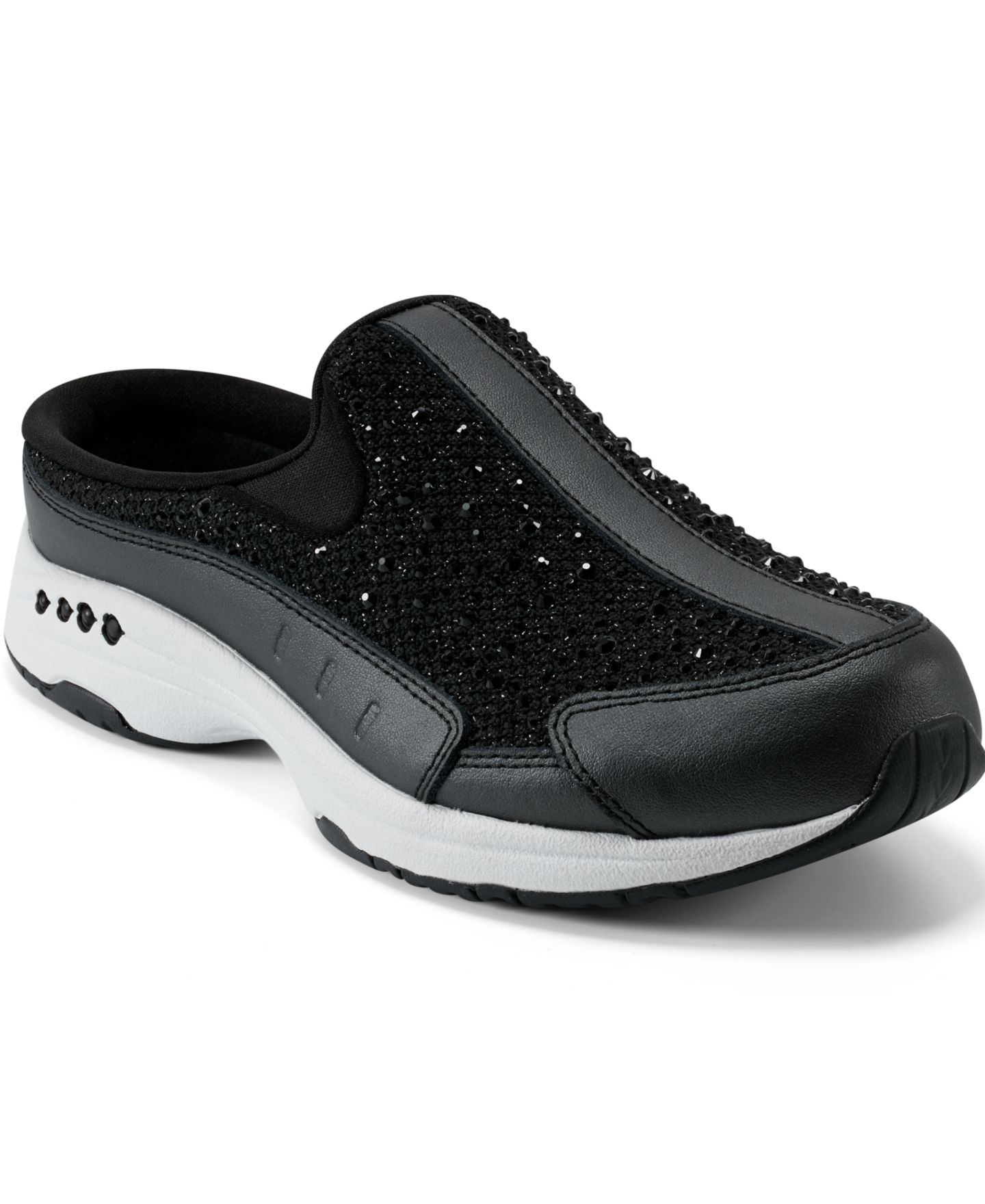 Женские кроссовки Easy Spirit Travelsparkle Slip-On Mule Walking, цвет: Чёрный / Серебряный кожаный — фото 1