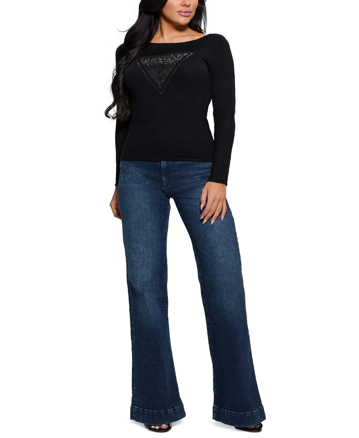 GUESS WOMEN'S ELIZA RHINESTONE-LOGO BOAT-NECK SWEATER 