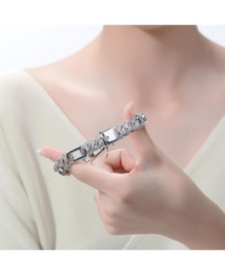 Men's Sterling Silver White Gold Plated with Iced Out Cubic Zirconia Oblong Curb Chain Bracelet