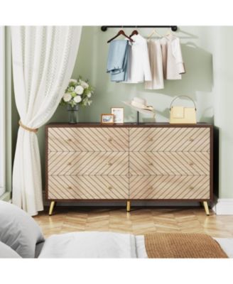 47-Inch Dresser for Bedroom with 6 Drawers, Double Wide Chest of Drawers with Gold Legs, Wood and Metal Storage Dresser for Closet, 6-Drawer Dressers Cabinet (Dark Brown+Natural)