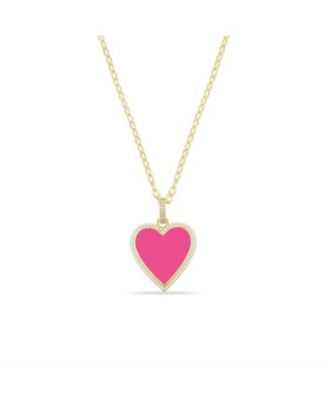 Pink Enamel Heart Necklace Encusted with Cubic Ziconia Suepended on a Paperclip Chain 18 inches adjustable
