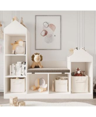 Kids Bookshelf with Reading Nook 47.75in Width Children Bookcase 6-Cubby Toy Storage Organizer Seat Cushion Wooden Storage Bench Playhouse Cabinet Kids Room, Playroom, Classroom, Nursery