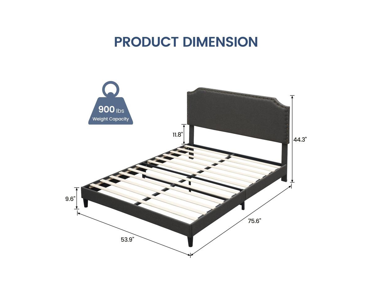 gaomon Size Bed Frame with Headboard Adjustable Upholstered Bed Frame with Nailhead Trim Headboard, Mattress Foundation, Strong Wood Slat Su