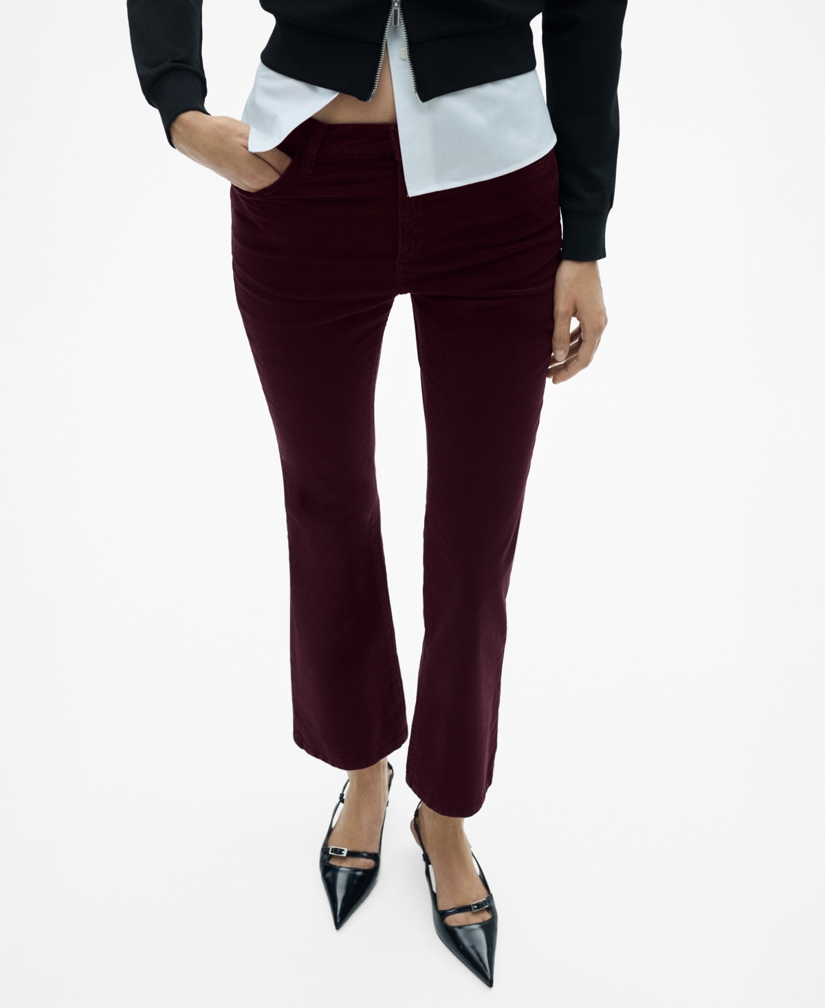 Shop Mango Women's Sienna Flared Cropped Corduroy Pants In Wine