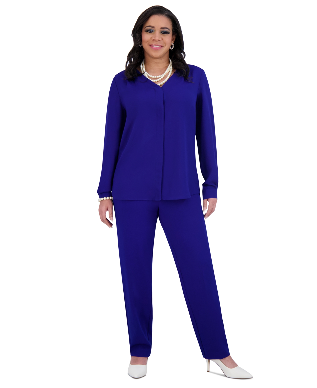 Kasper Women's V-neck Button-front Long-sleeve Blouse In Royal