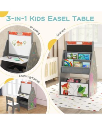 3 in 1 Kids Easel and Play Station Convertible with Chair and Storage Bins