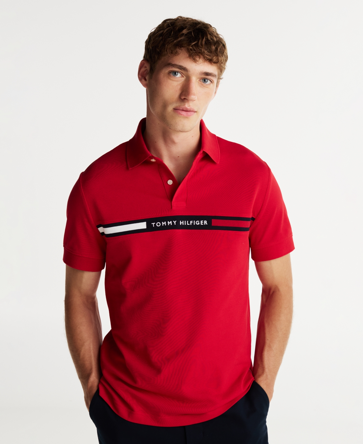Shop Tommy Hilfiger Men's Big & Tall Short Sleeve Embroidered Chest Stripe Polo Shirt In Medium Red